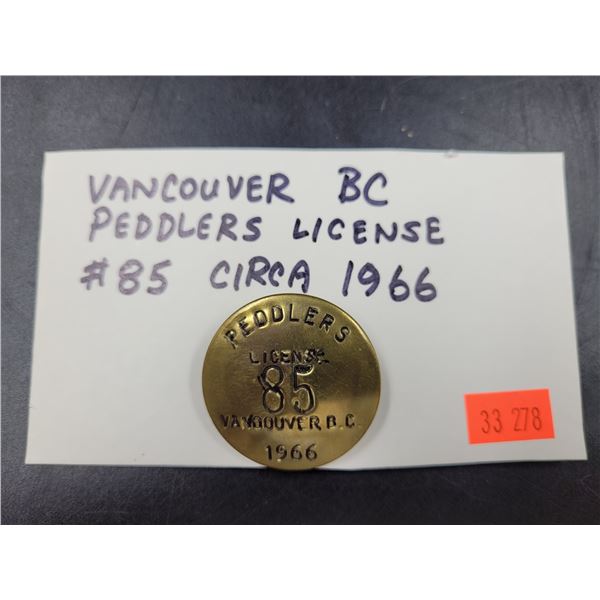 Vancouver, BC Peddlers License #85 Circa 1966
