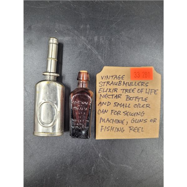 Vintage Straubmullers Elixir Tree Of Life Nectar Bottle & Small Oiler Can