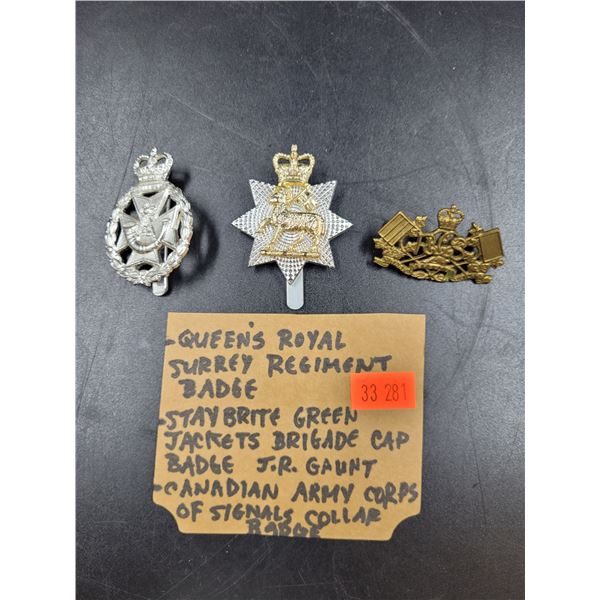 Queen's Royal Surrey Regiment Badge, Staybrite Green Jackets Brigade Cap Badge J.R Gaunt......