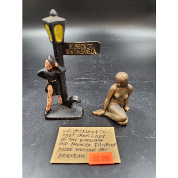 S.J Charles & Co. Cast Iron Lady Of The Evening & Bronze Figurine Nude Woman Art Nouveau
