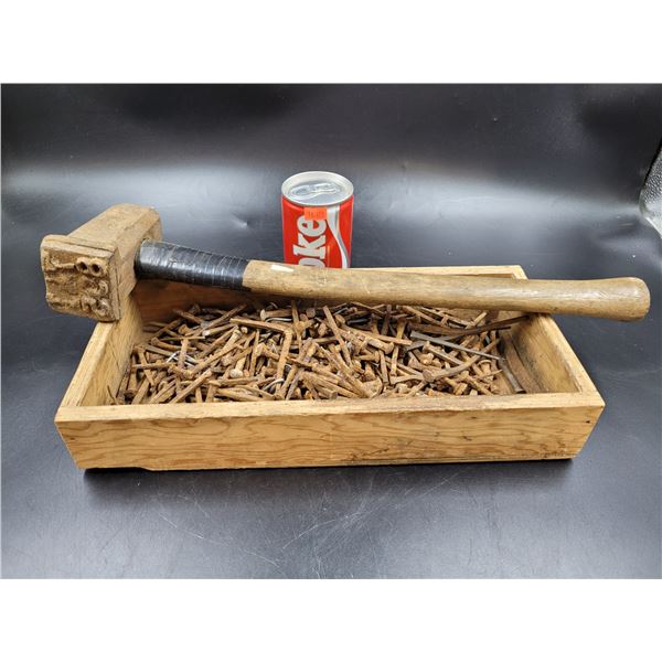 Box of Antique Hand Forged Nails and Lumber Stamp