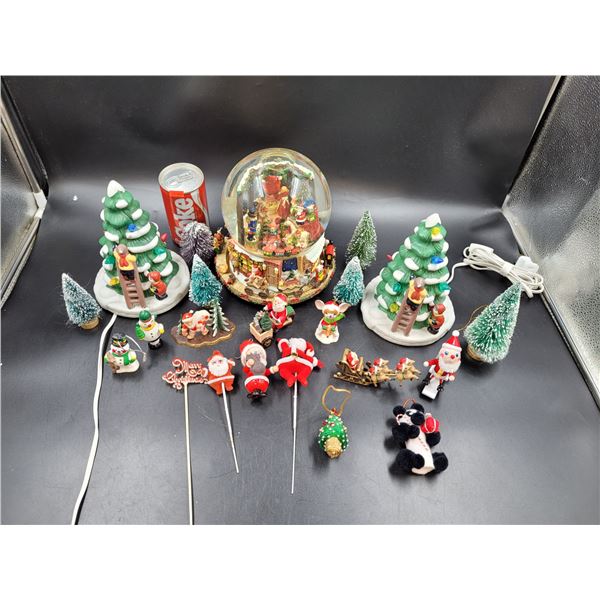 Christmas Decor, Porcelain Lighted Trees, and Snow Globe