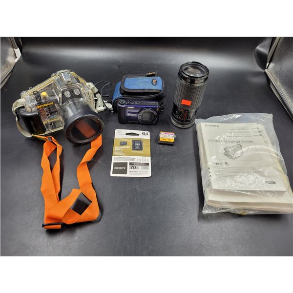 Polaroid Waterproof Camera, Sony Camera, Lens, and Memory Card