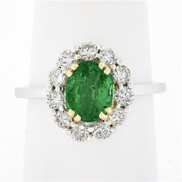 NEW Classic 18K TT Gold 2.11 ctw Oval Emerald Solitaire w/ Round Diamond Halo Ri
