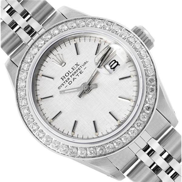 Rolex Ladies Stainless Steel Silver Index Steel Diamond Bezel Date Watch With Ro