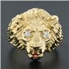 Image 2 : Vintage 14k Yellow Gold Ruby & Diamond Eyes Detailed Textured 3D Lion Head Ring