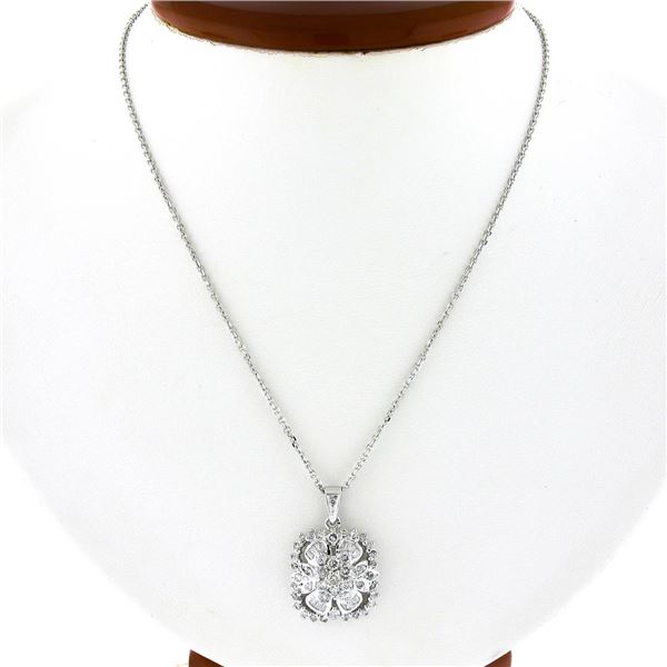 14k White Gold 1.10 ctw Round & Baguette Diamond Cluster Pendant & 18" Chain