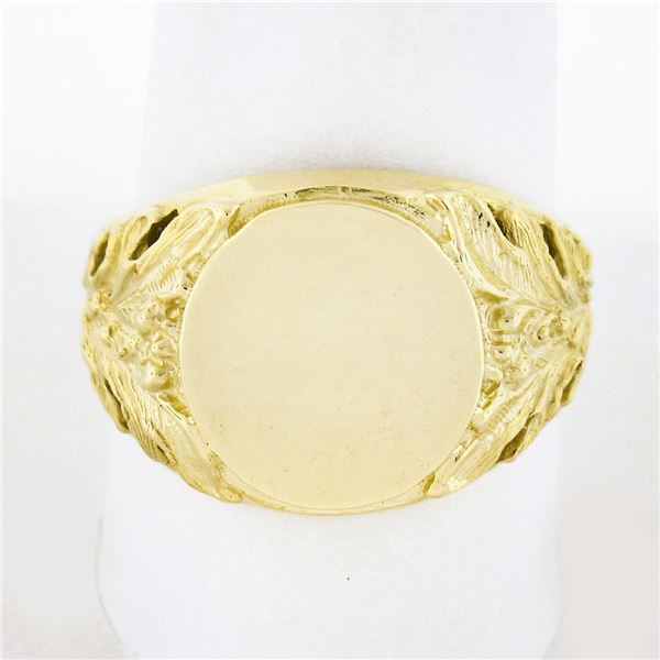 Unisex 14K Yellow Gold Round Engravable Center w/ Open Floral Sides Signet Ring