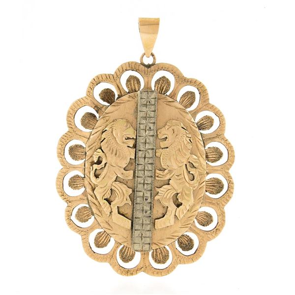 Vintage 14k Gold Hand Engraved Lions Open Frame Locket Pendant w/ Hebrew Writing