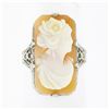 Image 1 : Antique 10k Gold Rectangular Carved Shell Cameo Etched Floral Open Filigree Ring