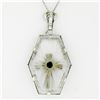 Image 5 : Antique Art Deco 14K Gold French Camphor Glass Hand Etched Cross Pendant & Chain