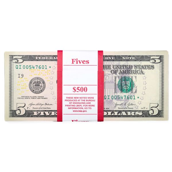 Pack of (100) Consecutive 2021 $5 Federal Reserve Star Notes