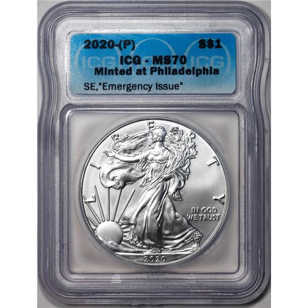 2020-(P) $1 American Silver Eagle Coin ICG MS70 Emergency Issue Philadelphia Mint