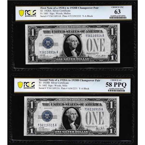 Changeover Pair of 1928A/1928B $1 Silver Certificate Notes PCGS Choice Unc 63/AU 58PPQ