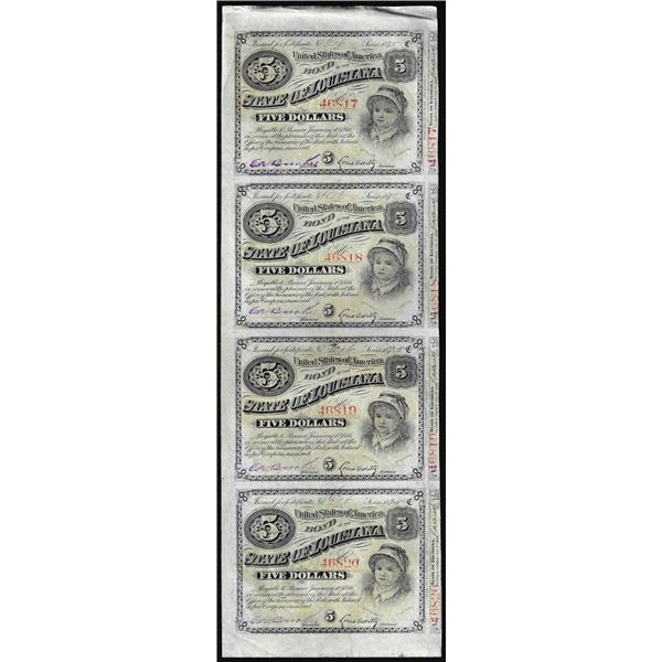 Uncut Sheet of (4) State of Louisiana Baby Bond Obsolete Notes