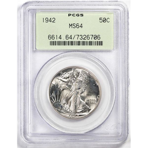 1942 Walking Liberty Half Dollar Coin PCGS MS64 Old Green Holder