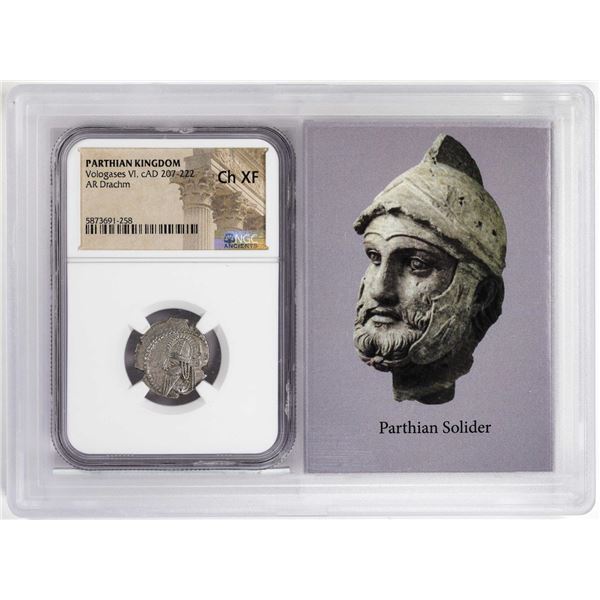 Parthian Kingdom 207-222 c.AD Vologases VI AR Drachm Ancient Coin NGC Ch XF Story Box
