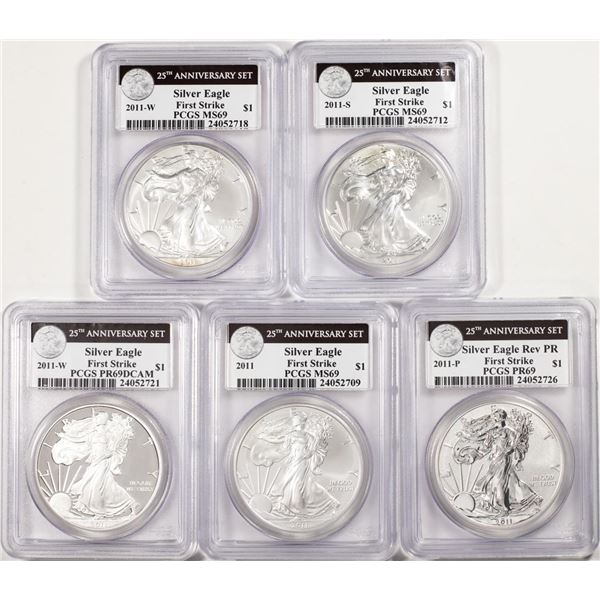 2011 $1 American Silver Eagle (5) Coin 25th Anniv. Set PCGS MS69/PR69 First Strike