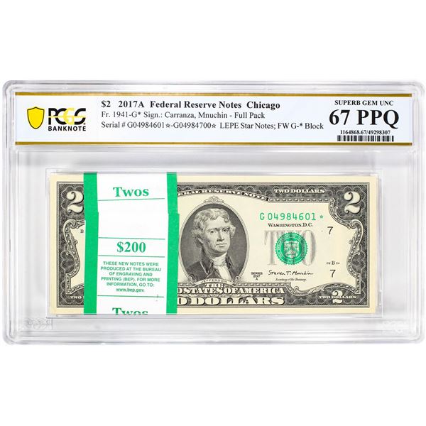 Pack 2017A $2 Federal Reserve STAR Notes Chicago Fr.1941-G* PCGS Superb Gem UNC 67PPQ