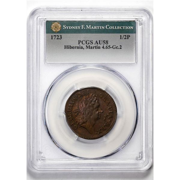 1723 Half Penny Hibernia, Martin Colonial Copper Coin Sydney F. Martin Col. PCGS AU58