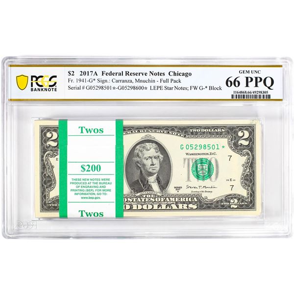 Pack of 2017A $2 Federal Reserve STAR Notes Chicago Fr.1941-G* PCGS Gem UNC 66PPQ