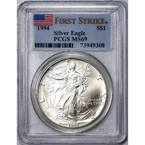 1994 $1 American Silver Eagle Coin PCGS MS69 First Strike