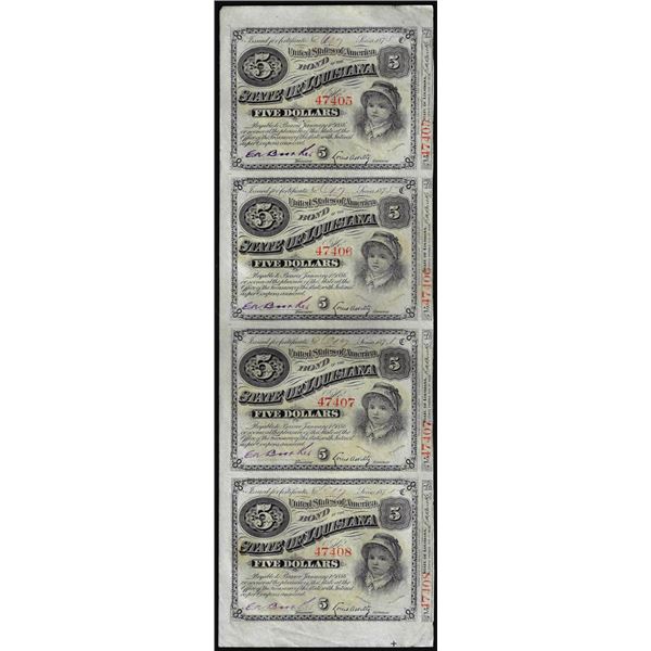 Uncut Sheet of (4) State of Louisiana Baby Bond Obsolete Notes