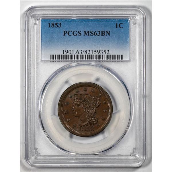 1853 Braided Hair Cent Coin PCGS MS63BN