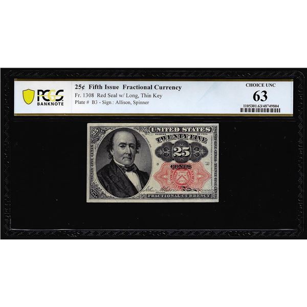 1874 Fifth Issue Twenty-Five Cents Fractional Currency Note Fr.1308 PCGS Choice Unc 63