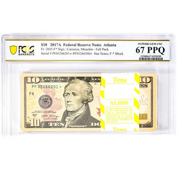 Pack of 2017A $10 Federal Reserve STAR Notes ATL Fr.2045-F* PCGS Superb Gem UNC 67PPQ