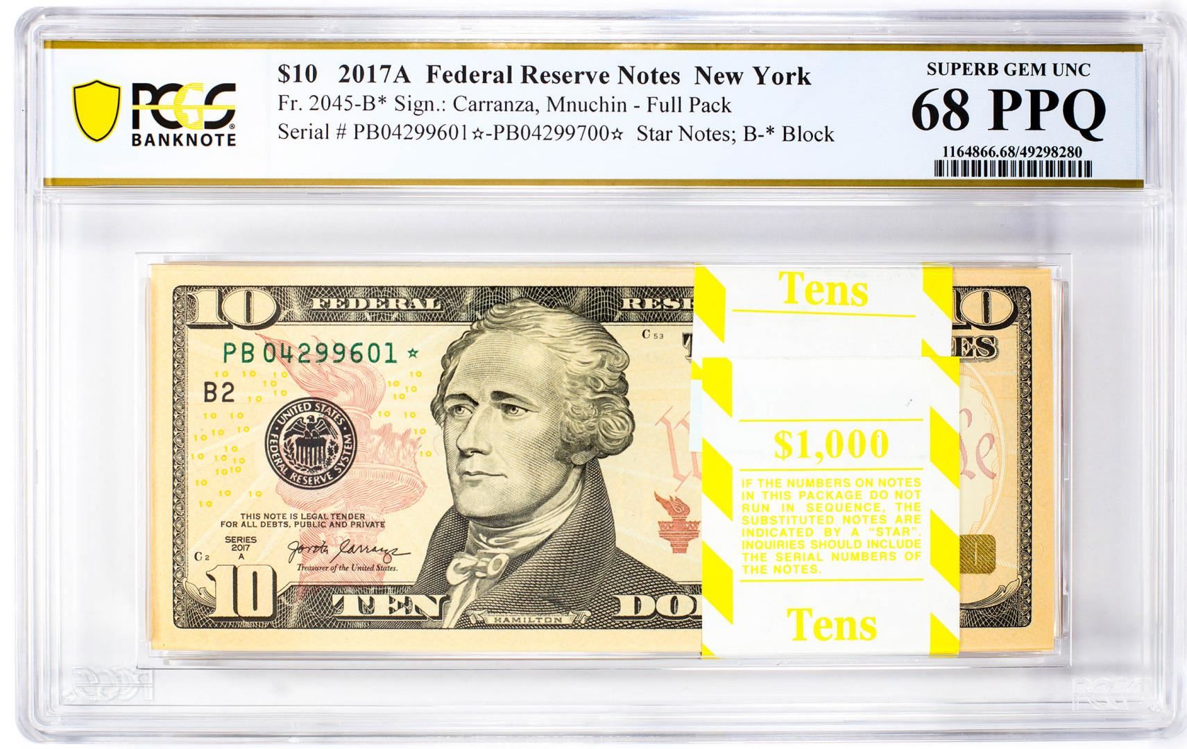 Pack of 2017A $10 Federal Reserve STAR Notes NY Fr.2045-B* PCGS Superb ...