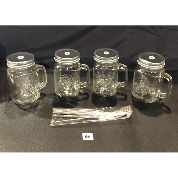 Lot of 4 Glass Mason Jar Drinking Mugs with Straws - Brand New
