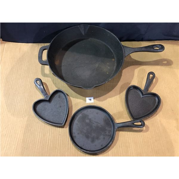 Lot of 4 Heavy-Duty Cast Iron Frying Pans - Used