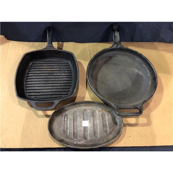 Lot of 3 Heavy-Duty Cast Iron Frying Pans - Used