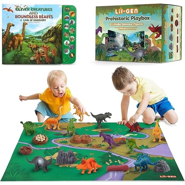 Lot of 1 Lil-Gen Prehistoric Playbox Toy Set - Includes 12 Dinosaur Figures, Sound Book & Playmat!