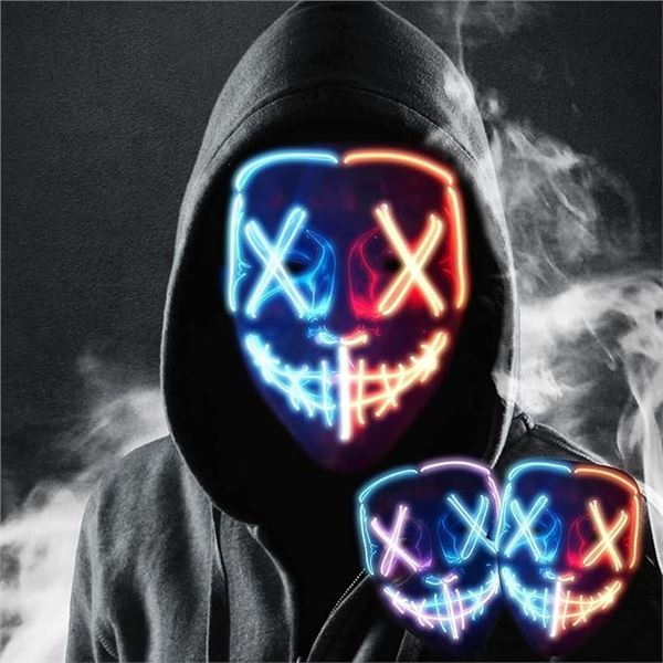 Lot of 4 LED Light-Up Halloween/Cosplay Face Masks - Brand New