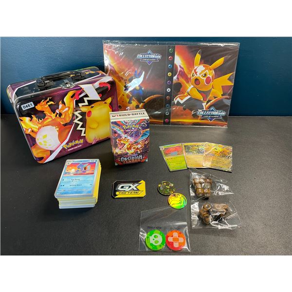 Lot of 1 Pokemon Card Binder + 140 Authentic Pokemon Cards (3 Shiny) + Storage Tin/Accessories