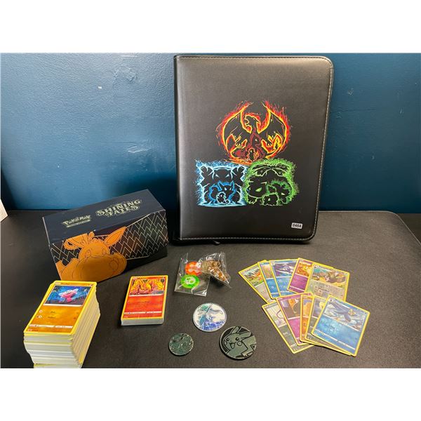 Lot of 1 Pokemon Card Binders +200 Authentic Pokemon Cards (10 Shiny) + Storage Box/Accessories