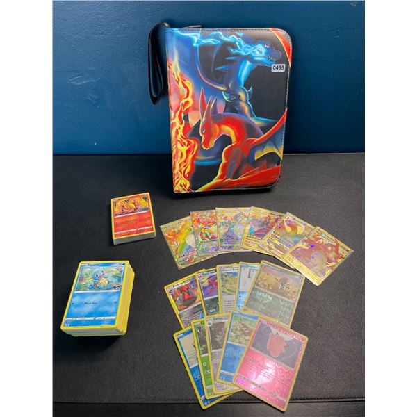 Lot of 1 Leather Pokemon Binder + 140 Authentic Pokemon Cards (10 Shiny) + Accessories