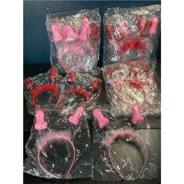 Lot of 4 Packs of Funny Penis Hats/Fuzzy Headbands - Pink/Red Glitter - Brand New