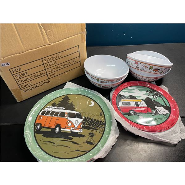 Lot of 1 12PC Plastic Dinnerware Set - Campervan Style - Brand New!