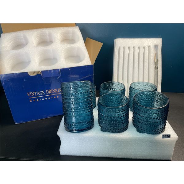 Lot of 1 Box of Drinking Glasses with Glass Straws - 6 PCS - Blue Glass - 15oz - Brand New!