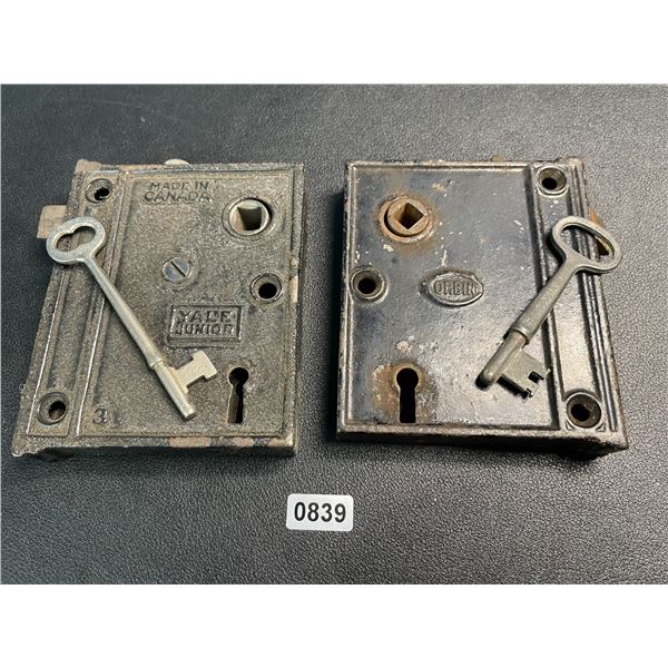 Lot of 2 Vintage Cast Iron Rim Locks w/ Keys