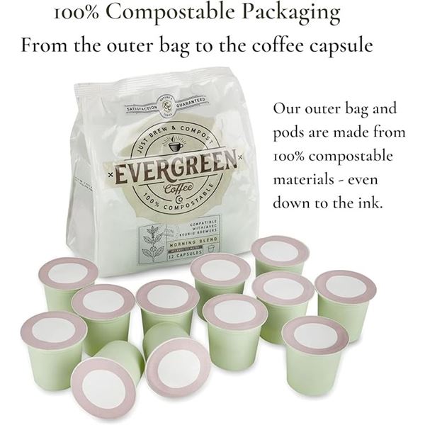 Lot of 1 Box of Evergreen K-Cup Coffee Pods - Morning Blend - 6 Packs in Box (12 Each/75 Pods Total)