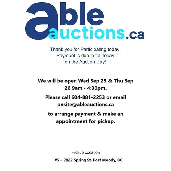 All items must be removed Wed Sep 25 , Thu Sep 26  & Fri  Sep 27 9am - 4:30pm