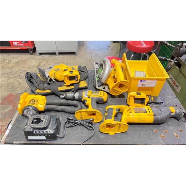 GROUP OF 5 DEWALT 18V CORDLESS TOOLS WITH CHARGER, 1 BATTERY & 2 ADAPTERS