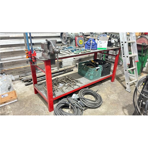 HEAVY STEEL WORKBENCH WITH MECHANICS VICE & ELECTRICAL PLUG  - APPROX. 6.5'L X 2.5'W X 3'H WITH