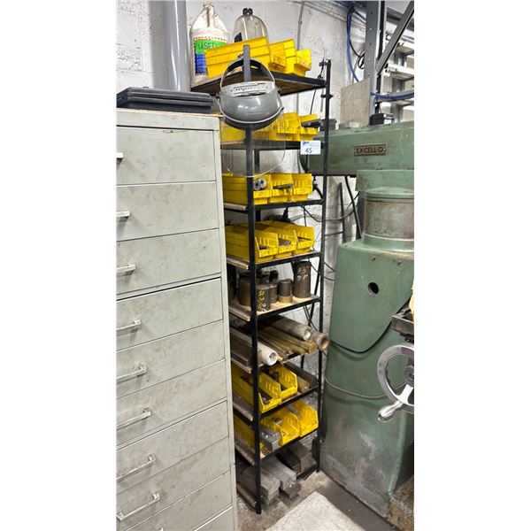 METAL SHELF UNIT FILLED WITH ASSORTED MOSTLY BRASS & ALUMINUM METAL HARDWARE - ROUND STOCK, FLAT