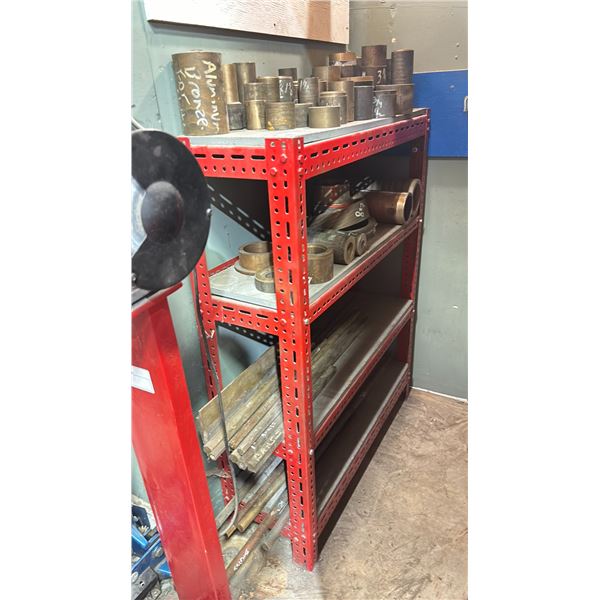 RED METAL HEAVY DUTY 4 TIER SHELF FILLED WITH ASSORTED BRASS & BRONZE MATERIAL