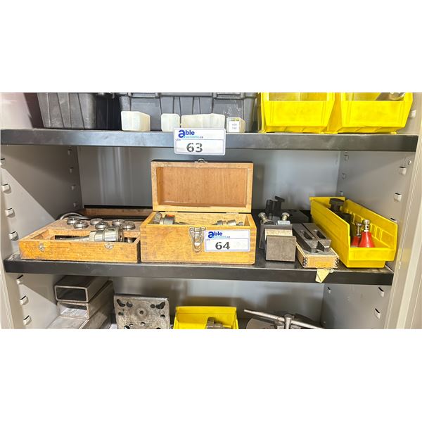 SHELF OF MILLING PARTS - R8 COLLET SET, R8 ARBOURS & MACHINE CLAMPING SET
